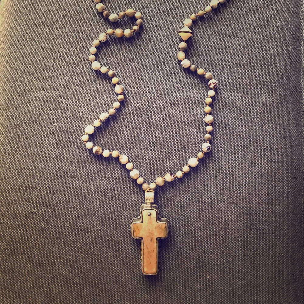 Wood & silver Cross long gemstone necklace